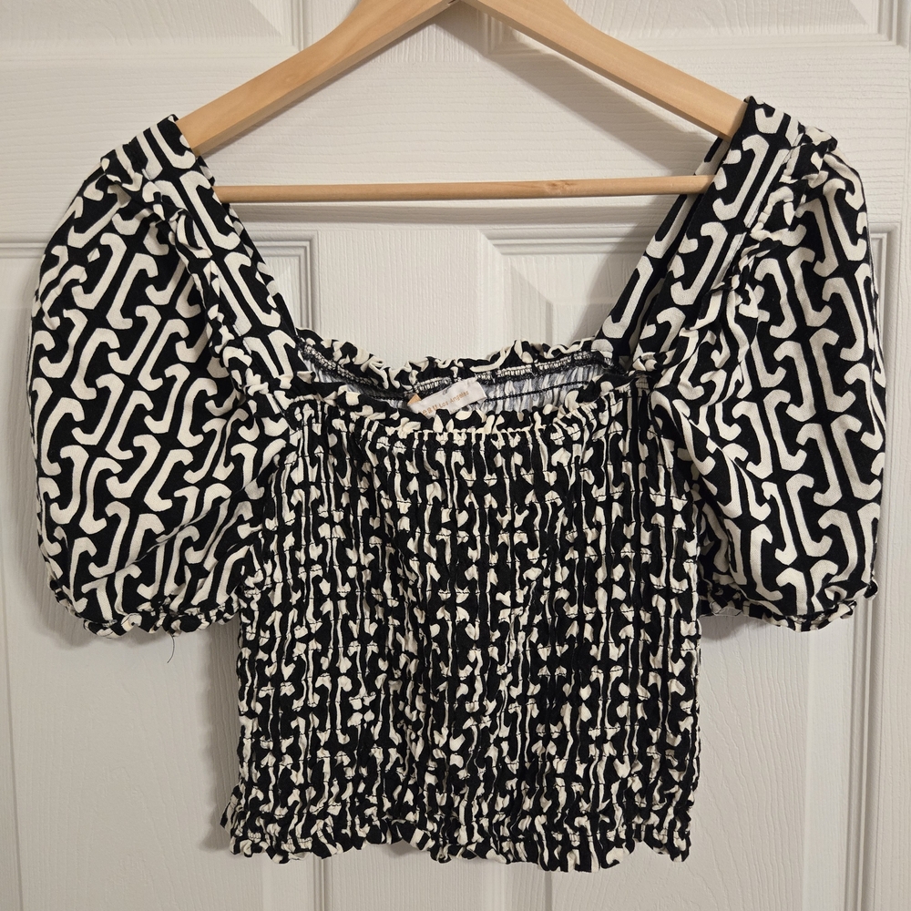 Monteau Linen Black and Beige Women's Puff Sleeve Blouse Size XL